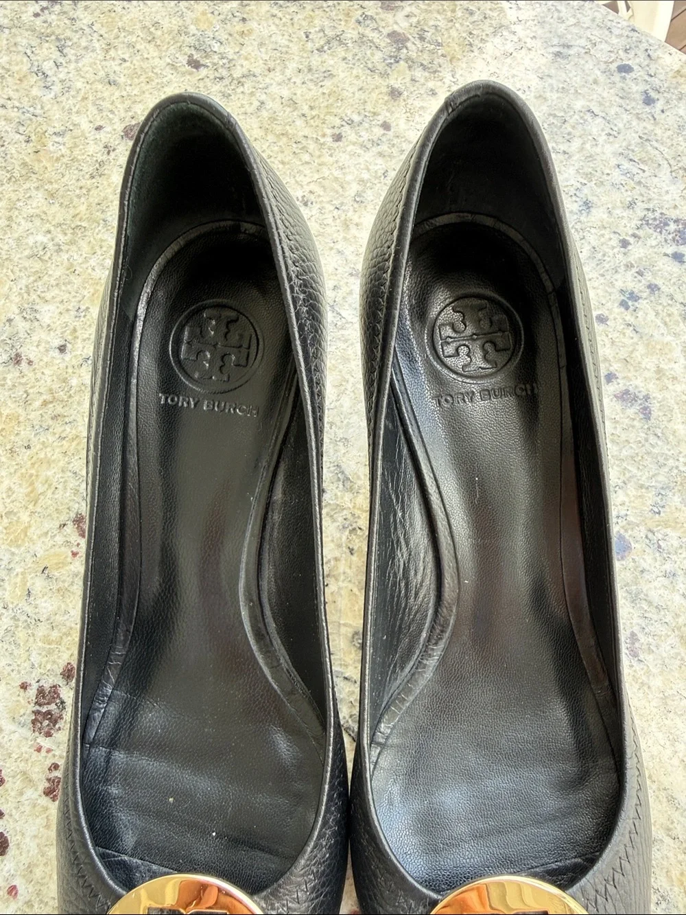 Tory Burch Black Leather Peep-Toe Heels with Gold Logo